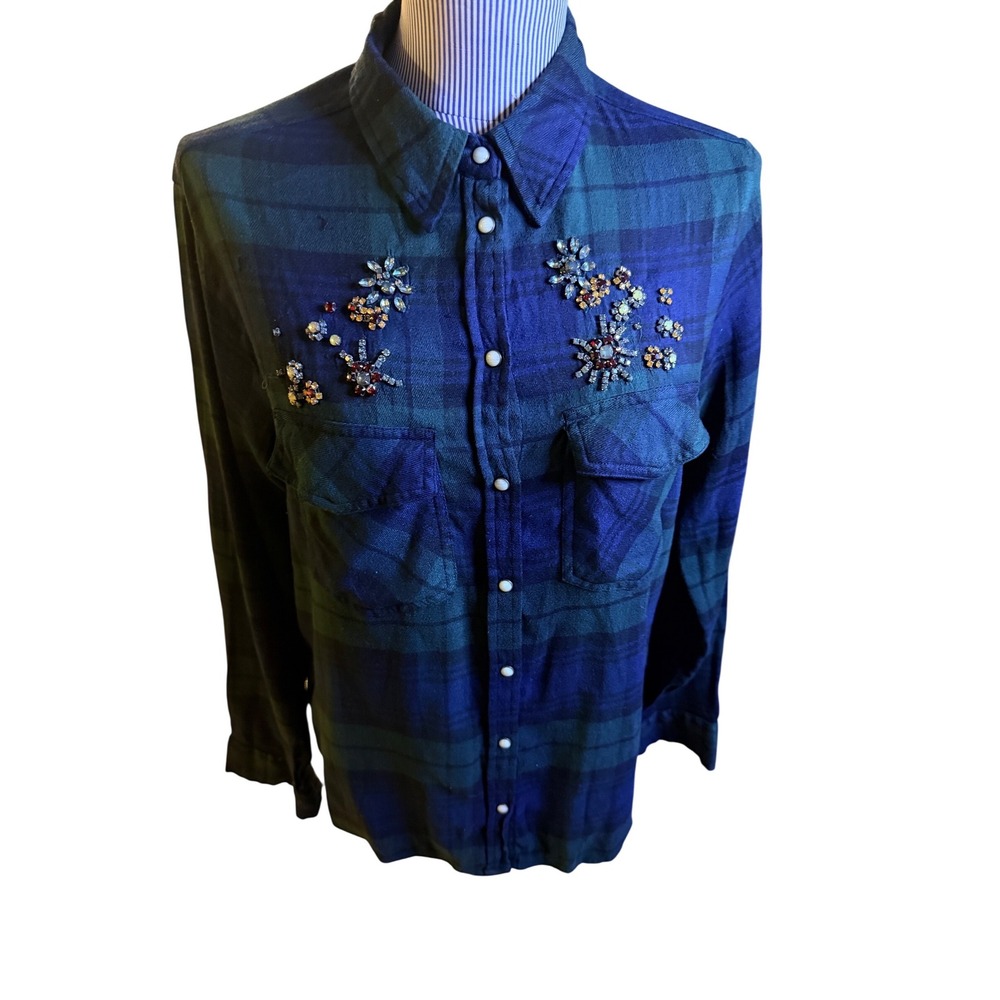 ZARA BASIC 1975 DENIM Blue Green Plaid Embellished Button Up Shirt Size L